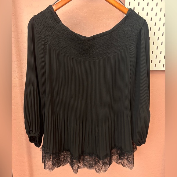 Chelsea28 Black Pleated Blouse with Lace Hem - Picture 3 of 5